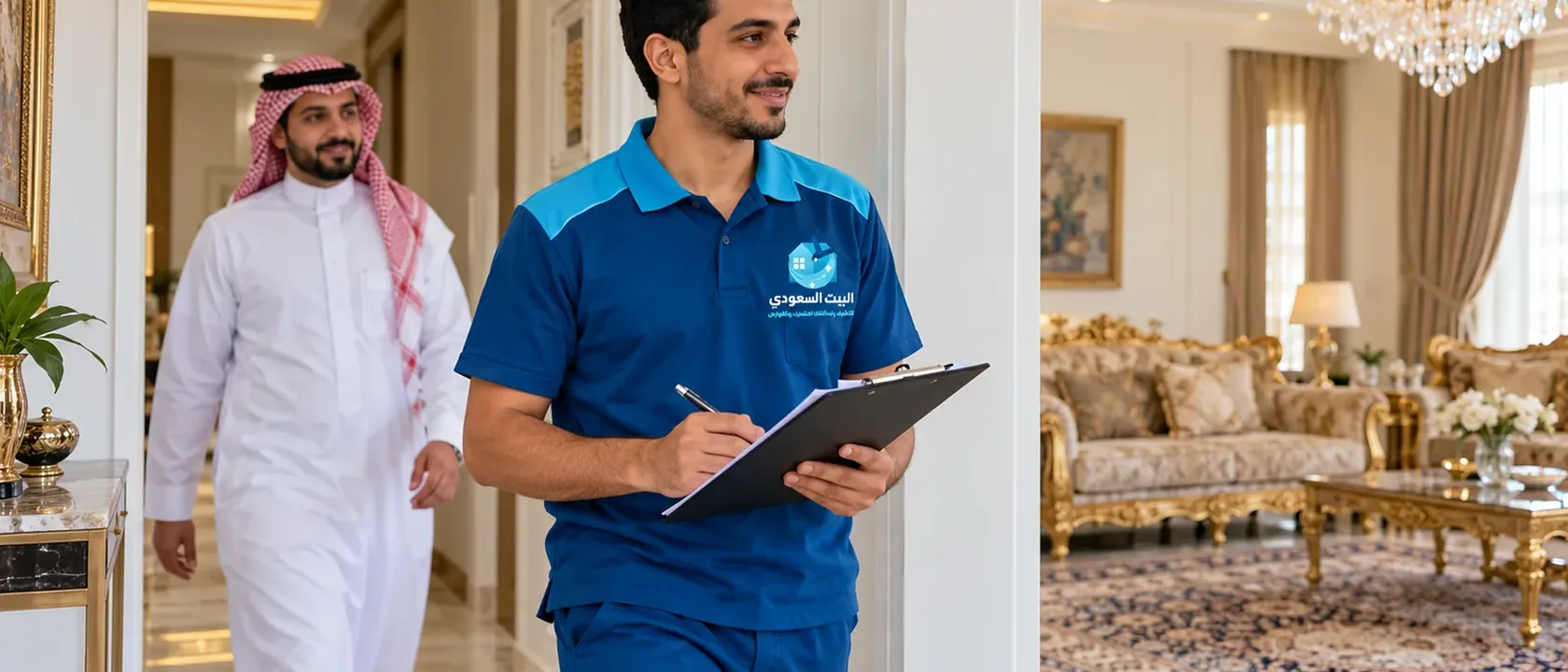 أرخص شركة تنظيف في الرياض: مشرف بلوح ملاحظات يتجول مع صاحب البيت في المجلس