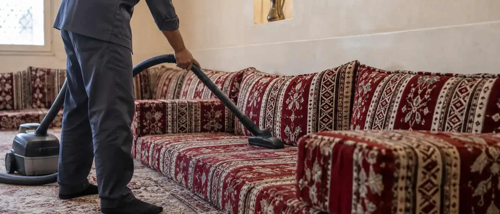 أفضل شركة تنظيف أثاث بالرياض: شفط الغبار عن جلسة مجلس أرضية بنقوش حمراء