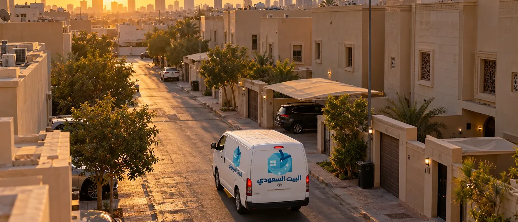 فان أبيض بشعار البيت السعودي يصل شارعًا سكنيًا عند الغروب لموعد تنظيف أثاث