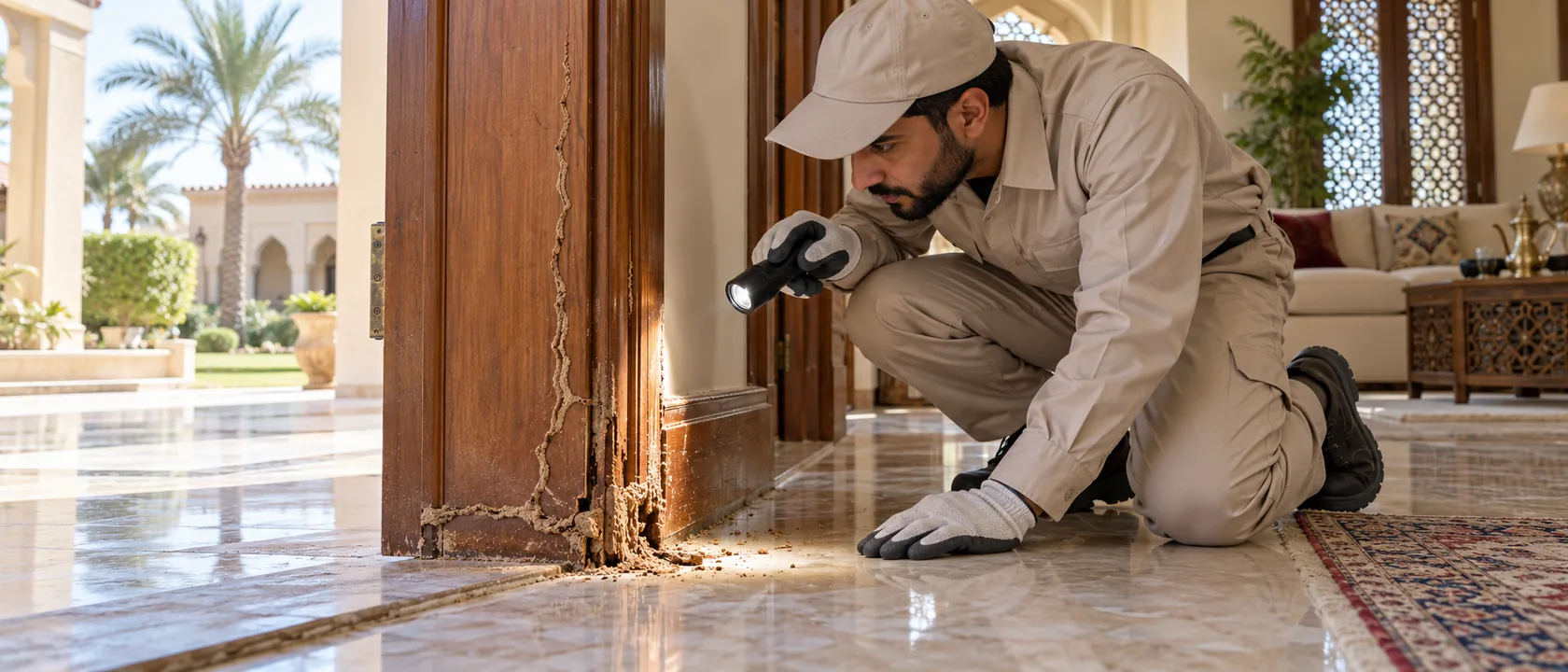 أفضل شركة مكافحة النمل الأبيض: فني بكشاف يفحص أنفاق الأرضة أسفل إطار باب