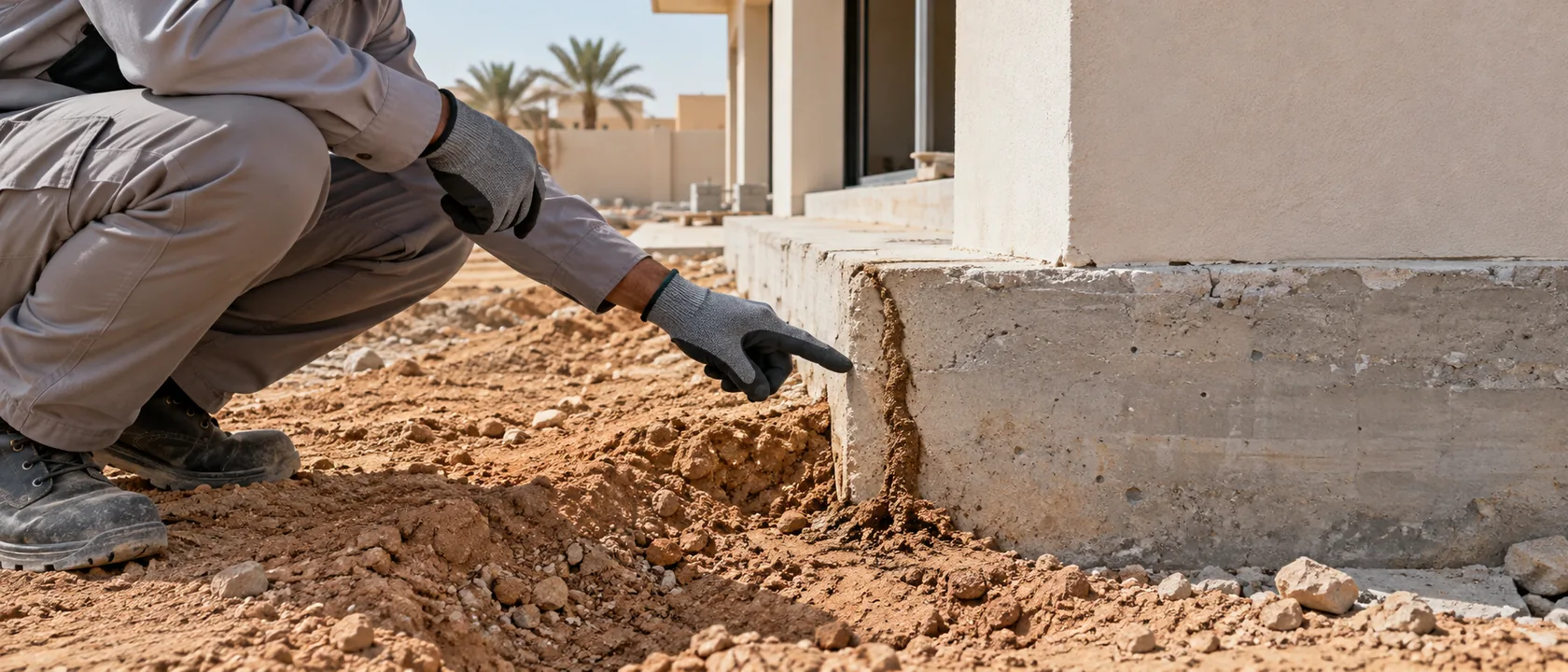 فني يشير إلى أثر النمل الأبيض عند تربة أساس فيلا تحت الإنشاء