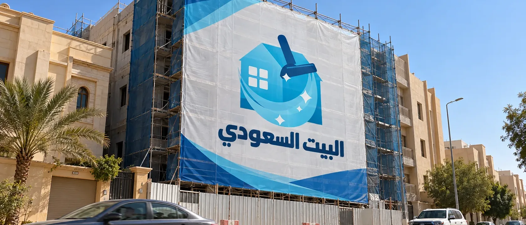 لافتة البيت السعودي لخدمات غسيل الكنب على سقالات عمارة قيد الترميم