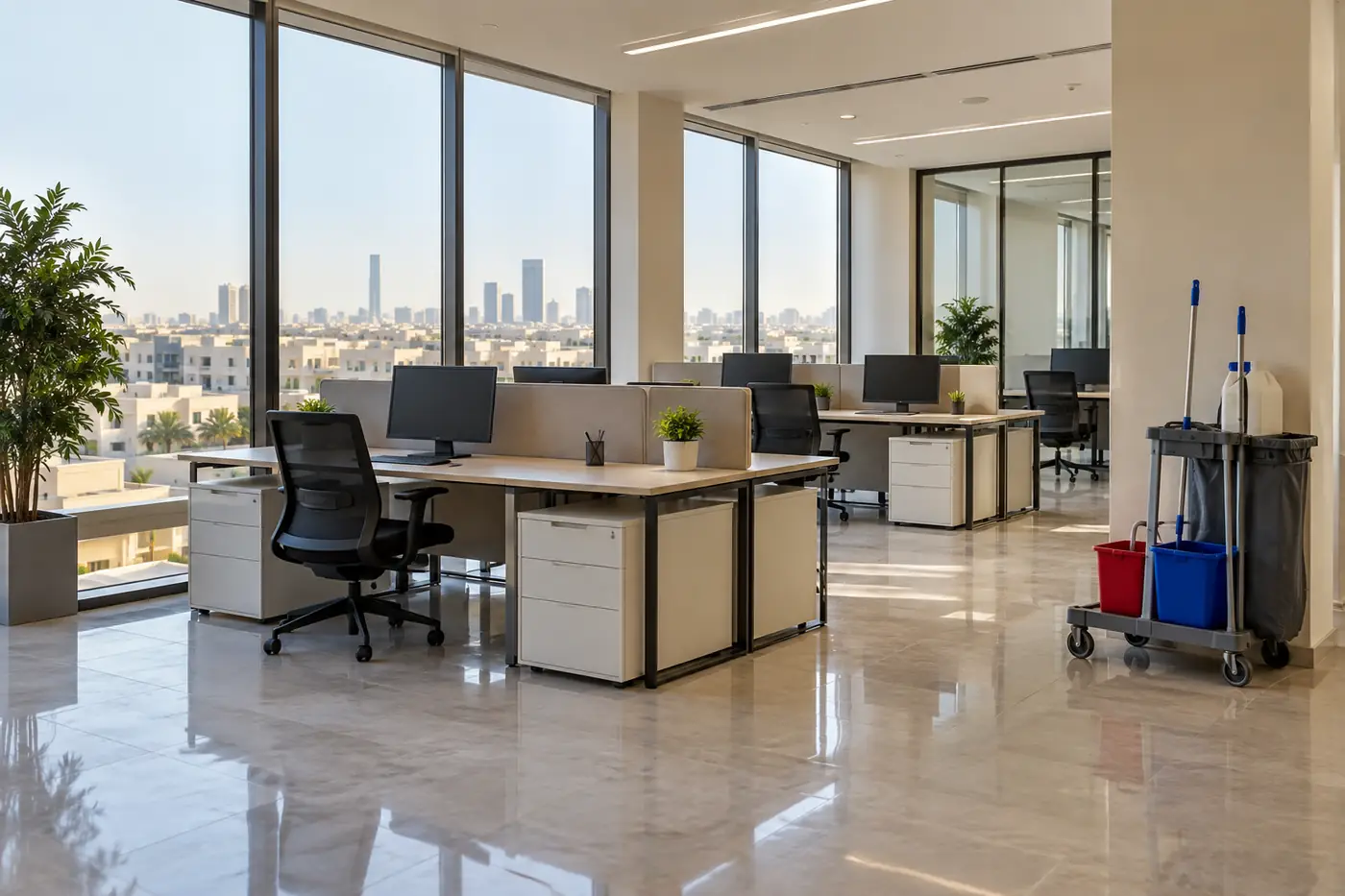 شركة تنظيف مكاتب بالرياض: مكتب مفتوح نظيف وأرضية لامعة