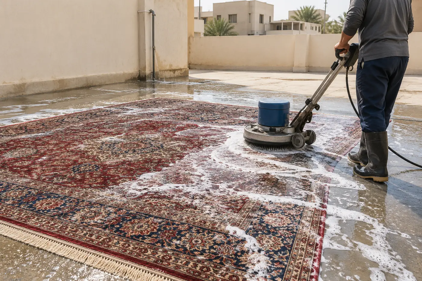 شركة غسيل سجاد بالرياض: سجادة كبيرة تُغسل وتُشطف بالماكينة