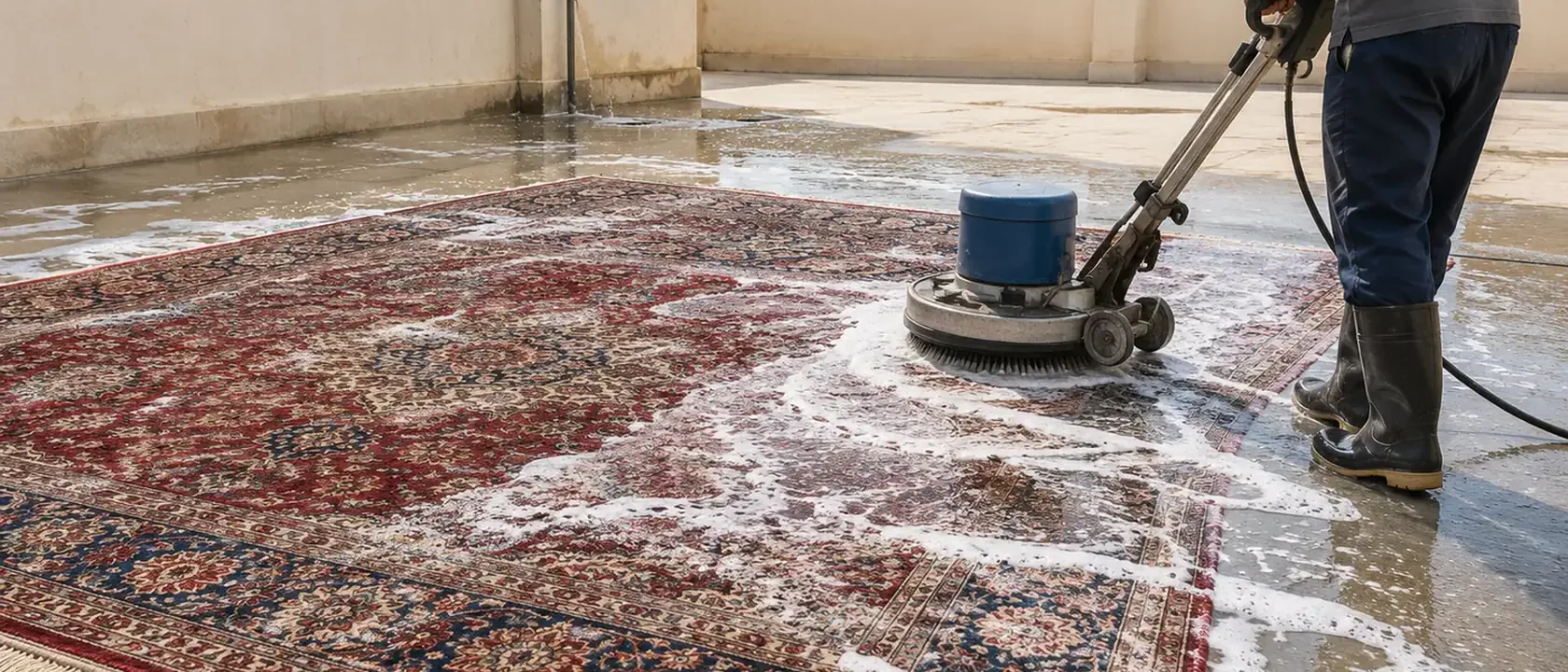 كم أسعار غسيل السجاد: ماكينة دوارة تفرك سجادة مزخرفة بالرغوة على أرض المغسلة