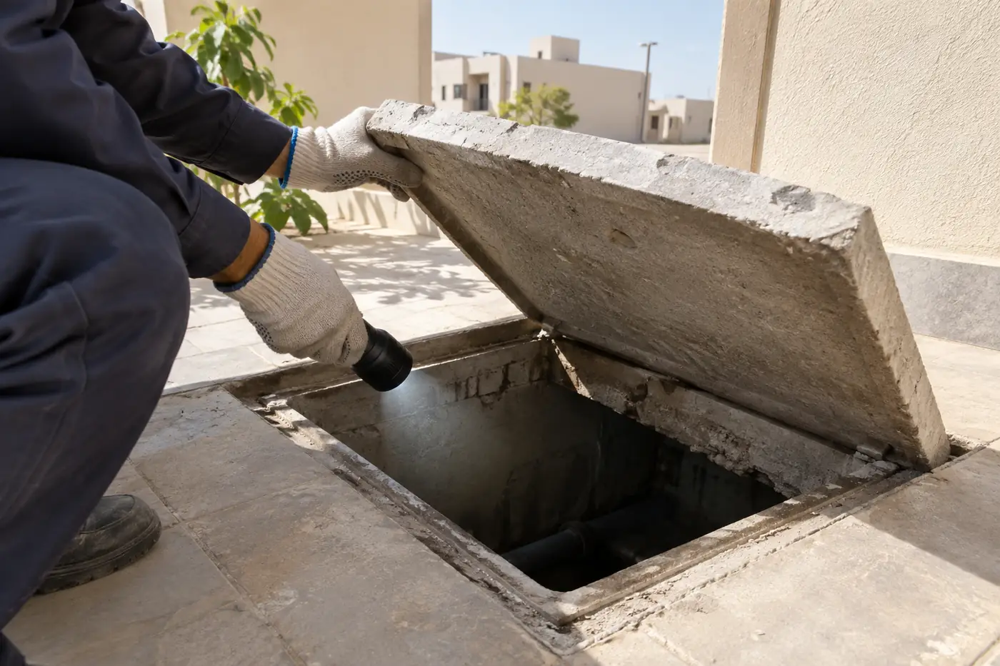 فحص غرفة التفتيش في حوش الفيلا بكشاف ضمن مكافحة الآفات