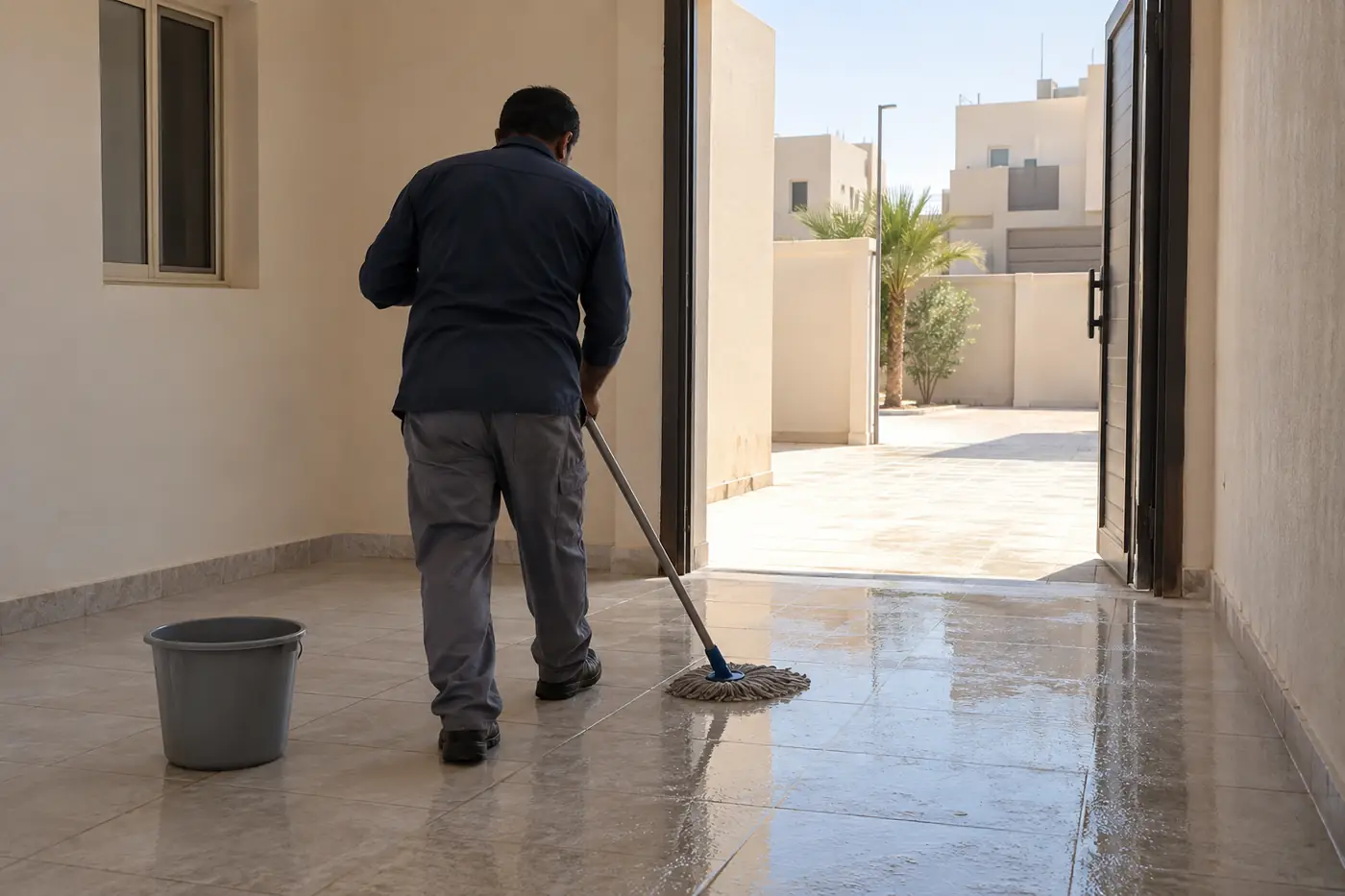 مسح أرضية ملحق الفيلا بالممسحة